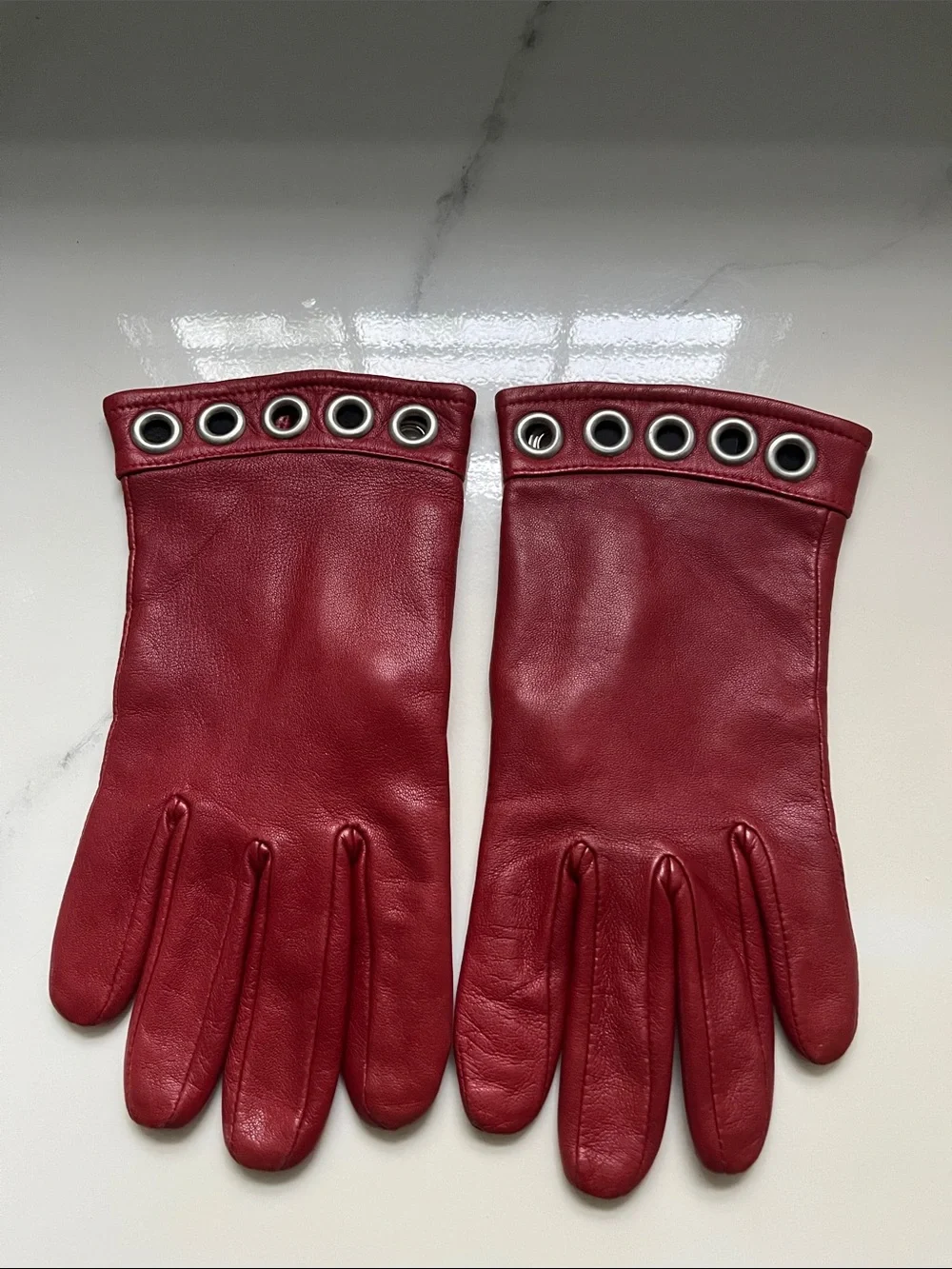 Women’s Red Leather Gloves with Grommet Detail